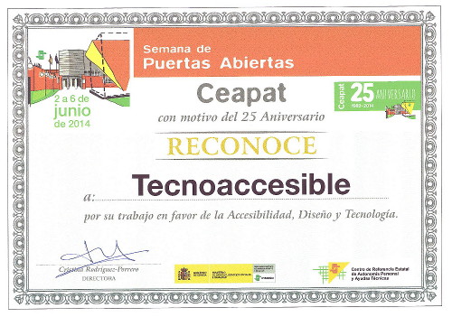 Imagen del impreso de reconocimiento del Ceapat a TecnoAccesible